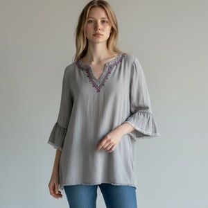 Standard Grace Gray Lyocell Tunic Top, Medium Boho Bell Sleeve Grey Minimalist